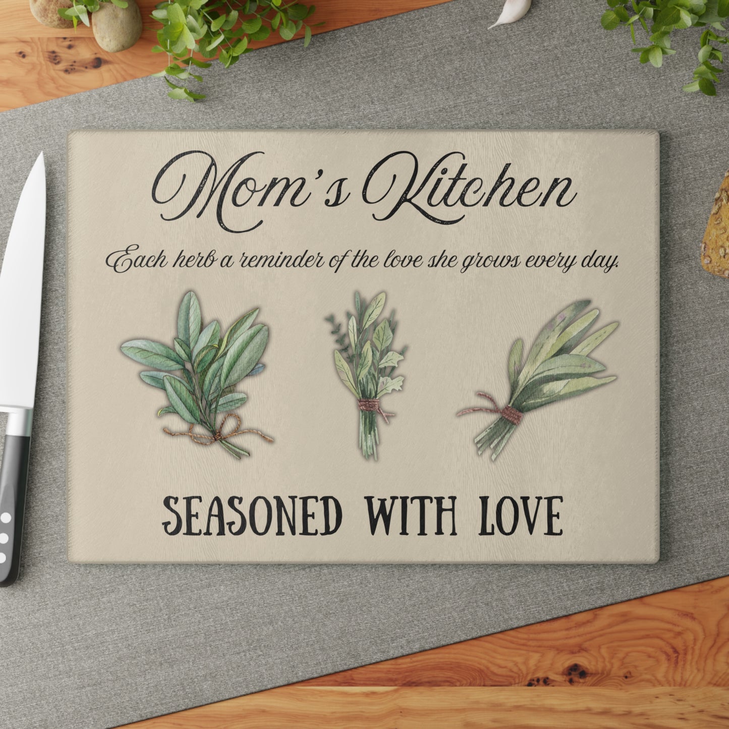 Personalized Herb Glass Cutting Board - "Seasoned with Love" Kitchen Decor