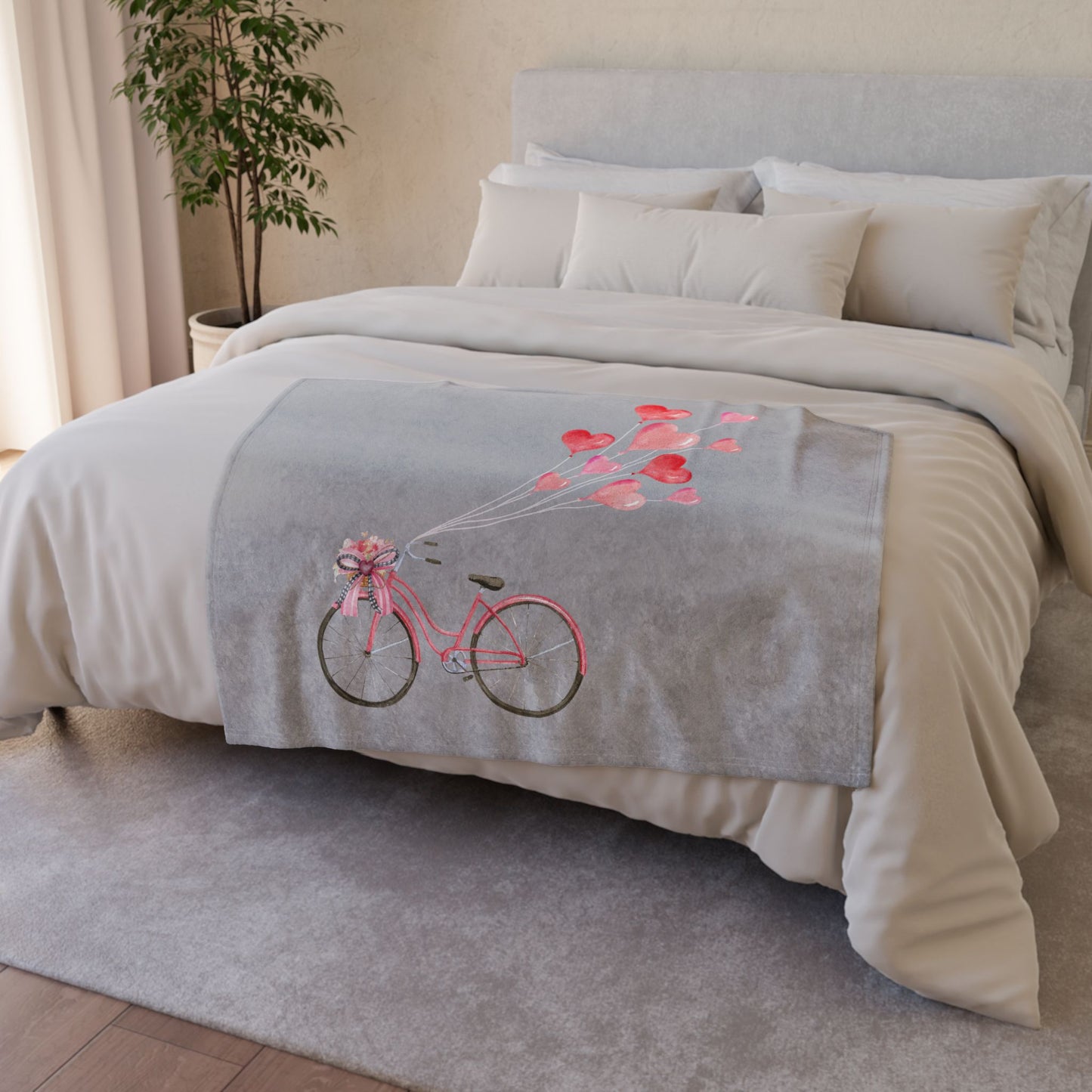 Plush Valentine’s Blanket with Vintage Coquette Bicycle Design & Heart Balloons