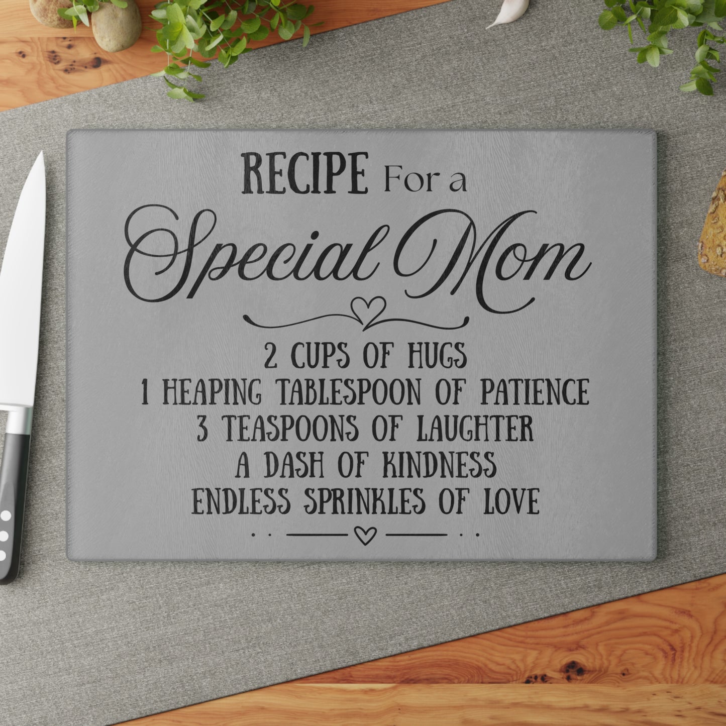 Recipe for a Special Mom – 8x11 or 11x15 Decorative Glass Cutting Board – Mother’s Day Gift, Kitchen Decor