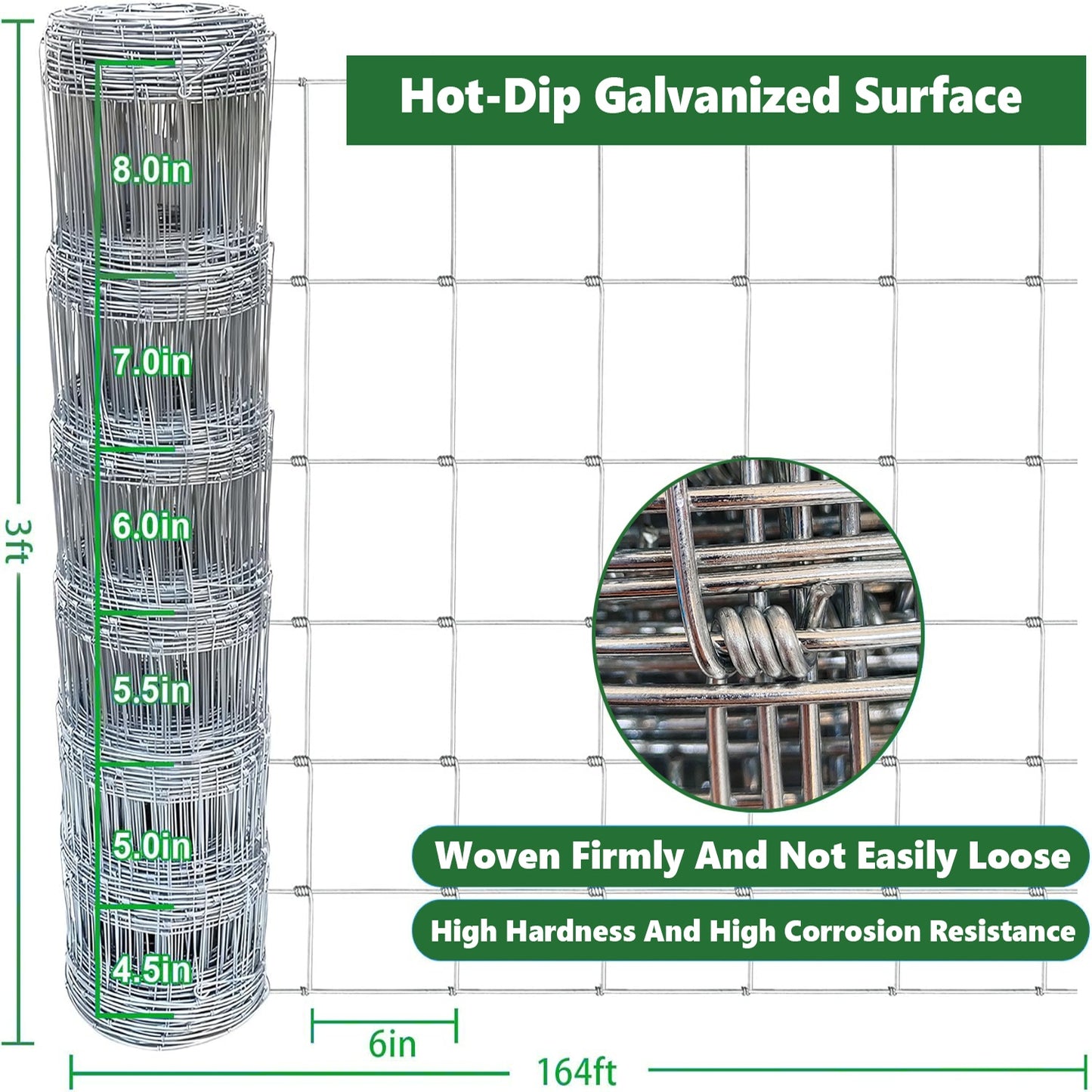 Farm Fence 3ft X 164ft 13Gauge Heavy Zinc Coating Cattle Fence,Galvanized Field Wire Fencing Deer Fence,Goat Fence,Hog Wire Fencing For Yard Livestock & Animals Protection