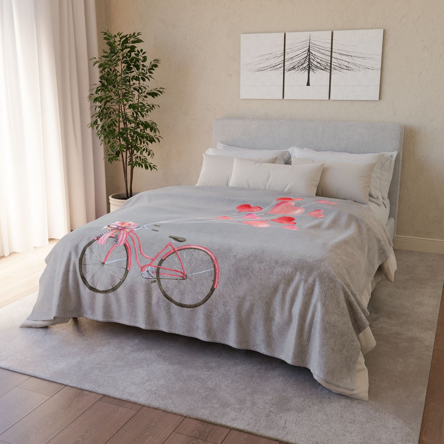 Plush Valentine’s Blanket with Vintage Coquette Bicycle Design & Heart Balloons