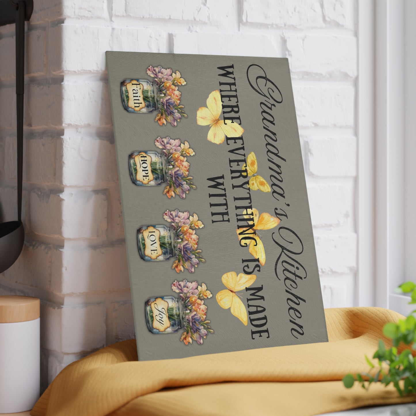 Grandma’s Kitchen Glass Cutting Board – Faith, Hope, Love & Joy Floral Design | Butterfly & Mason Jar Art | 8x11 or 11x15 Sizes