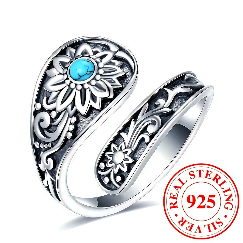 925 Silver Spoon Ring - Exquisitely Carved With Sunflowers, Embellished With Inlaid Turquoise. It Is An Eternal Wedding Jewelry, A Highlight Of Daily Outfits. With Superior Quality And Reusable Featur
