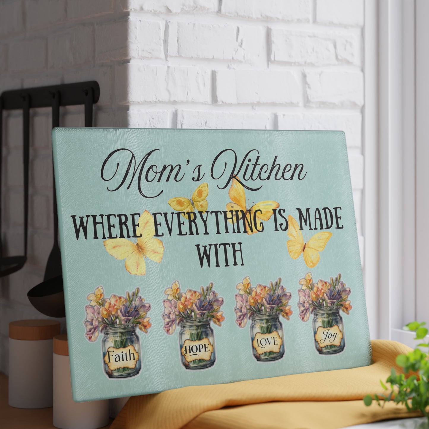 Mom’s Kitchen – Made with Faith, Hope, Love & Joy | 8x11 Glass Cutting Board with Flowers & Butterflies | Mother’s Day Gift