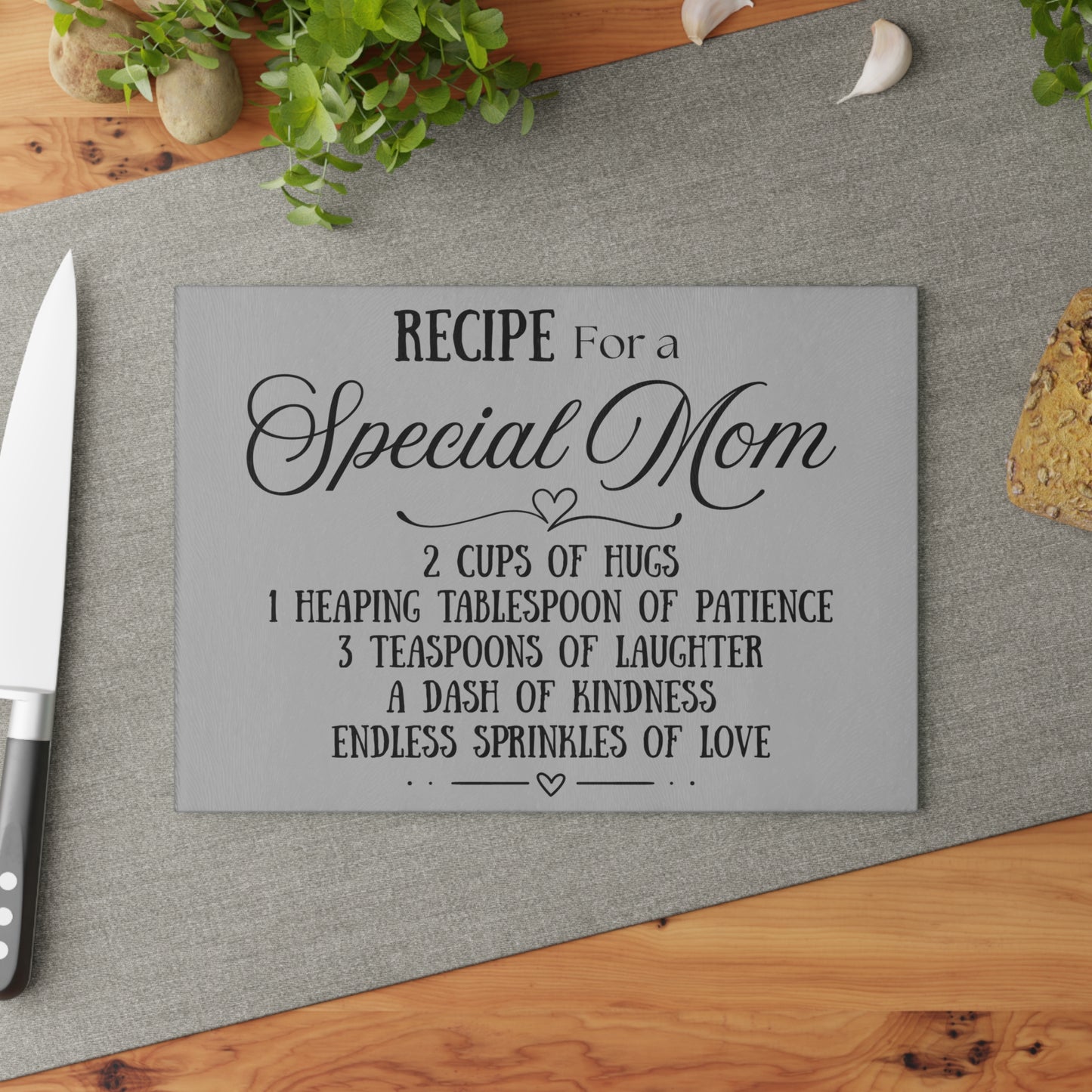 Recipe for a Special Mom – 8x11 or 11x15 Decorative Glass Cutting Board – Mother’s Day Gift, Kitchen Decor