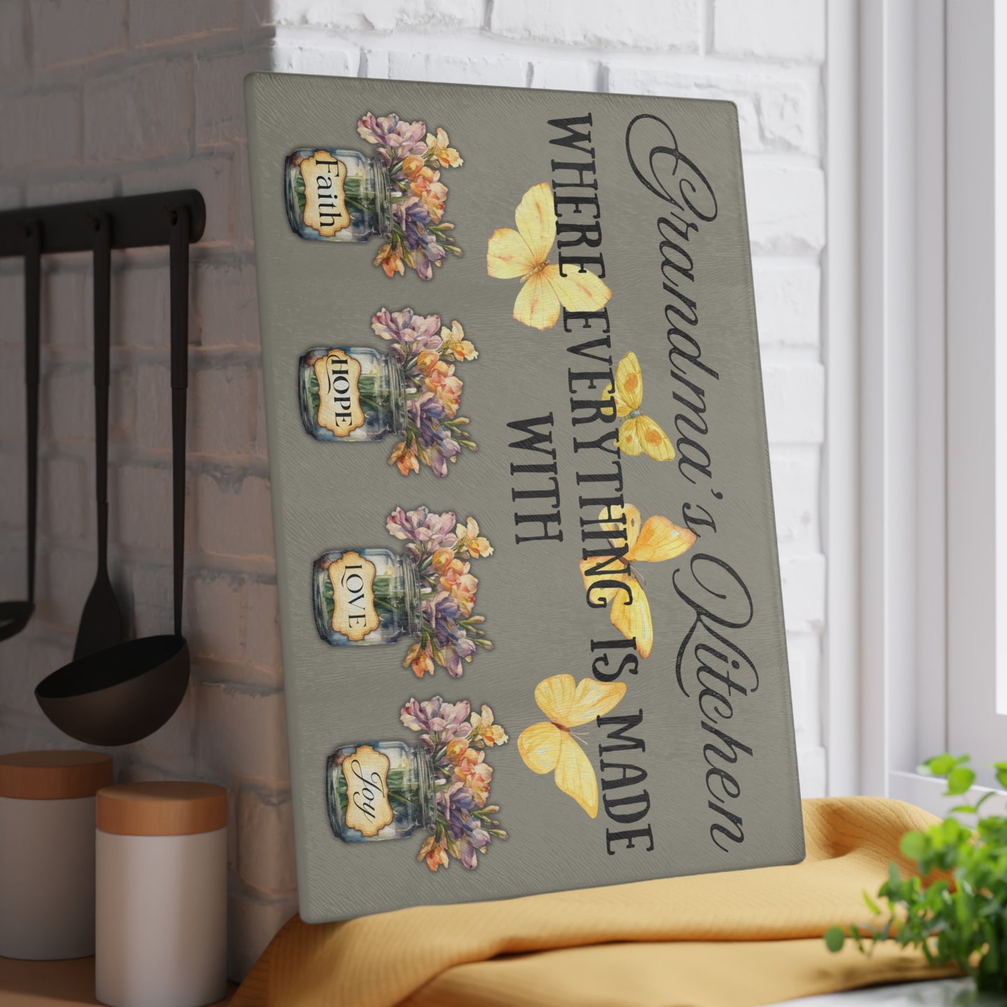 Grandma’s Kitchen Glass Cutting Board – Faith, Hope, Love & Joy Floral Design | Butterfly & Mason Jar Art | 8x11 or 11x15 Sizes