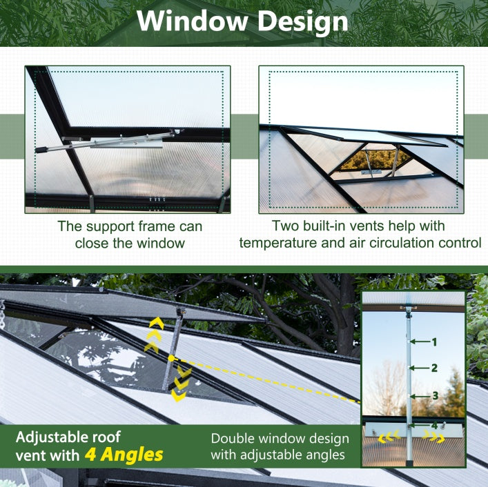 8' X 12' Outdoor Greenhouse, Heavy Duty Polycarbonate Greenhouse, Large Walk-in Greenhouse With Double Doors And Two Ventilation Windows, Aluminum Greenhouse For Outdoor Greenhouse Garden Backyard