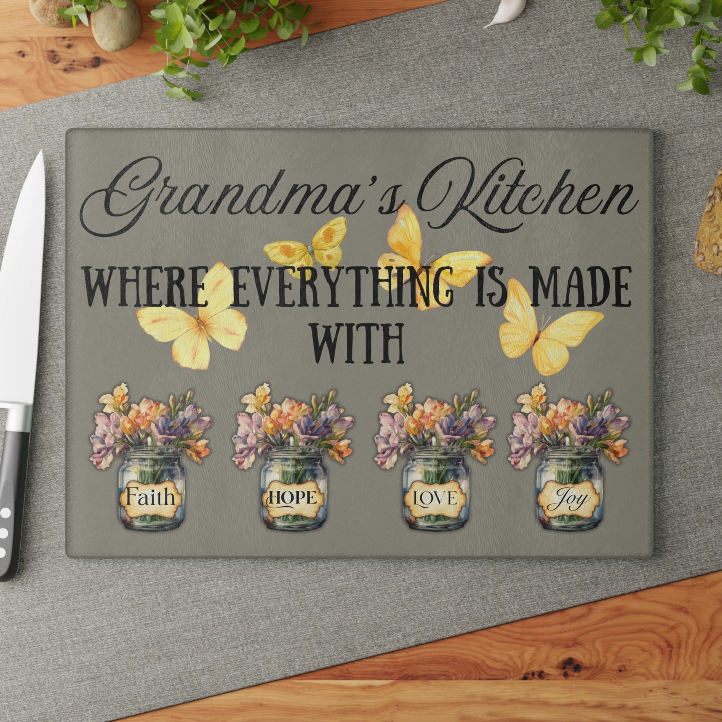 Grandma’s Kitchen Glass Cutting Board – Faith, Hope, Love & Joy Floral Design | Butterfly & Mason Jar Art | 8x11 or 11x15 Sizes