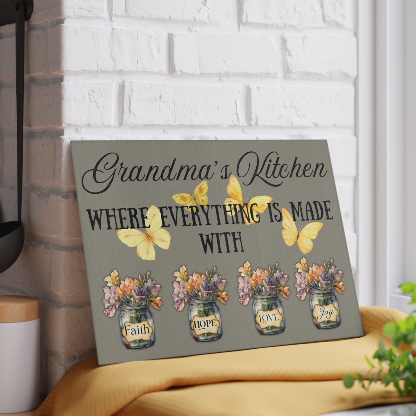 Grandma’s Kitchen Glass Cutting Board – Faith, Hope, Love & Joy Floral Design | Butterfly & Mason Jar Art | 8x11 or 11x15 Sizes