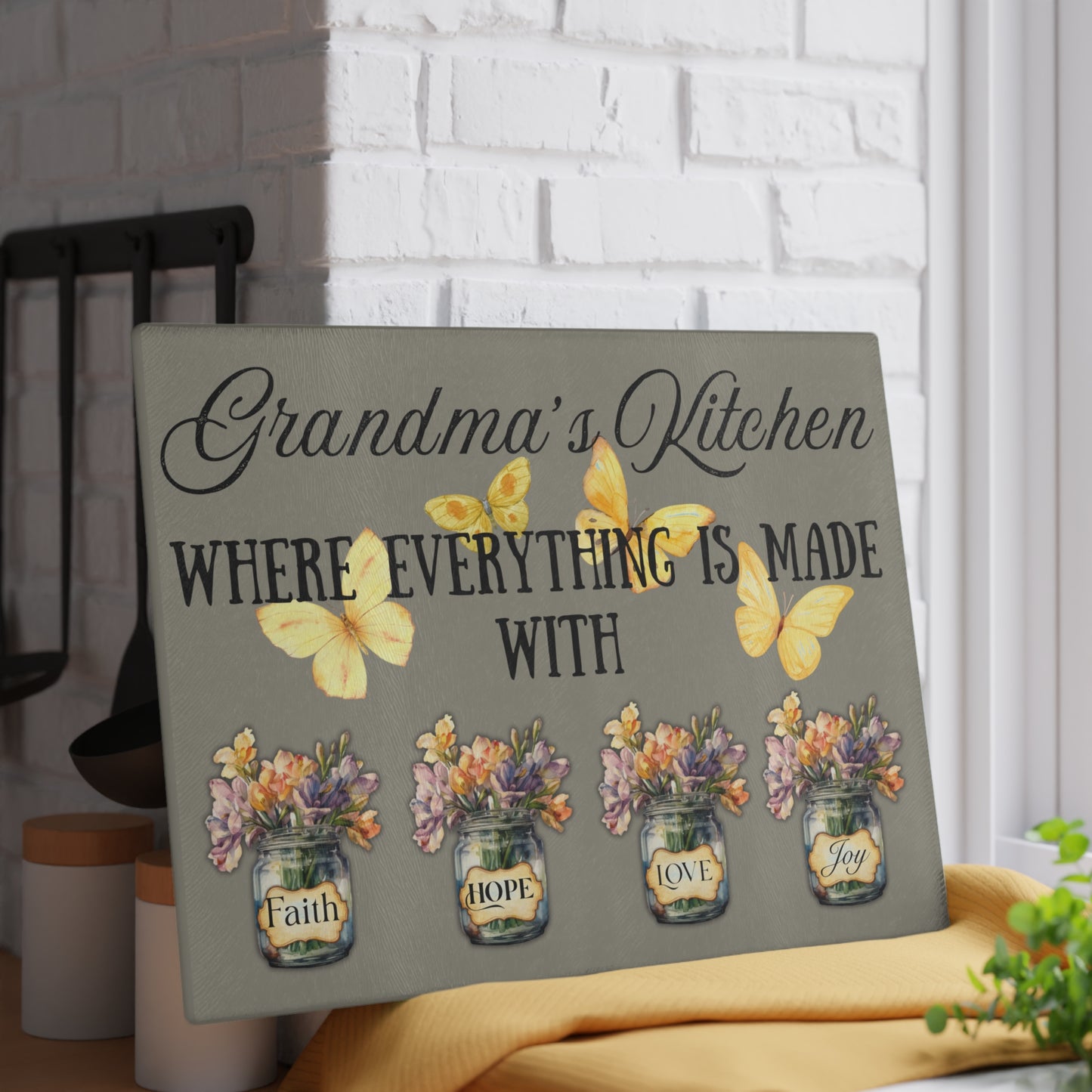 Grandma’s Kitchen Glass Cutting Board – Faith, Hope, Love & Joy Floral Design | Butterfly & Mason Jar Art | 8x11 or 11x15 Sizes