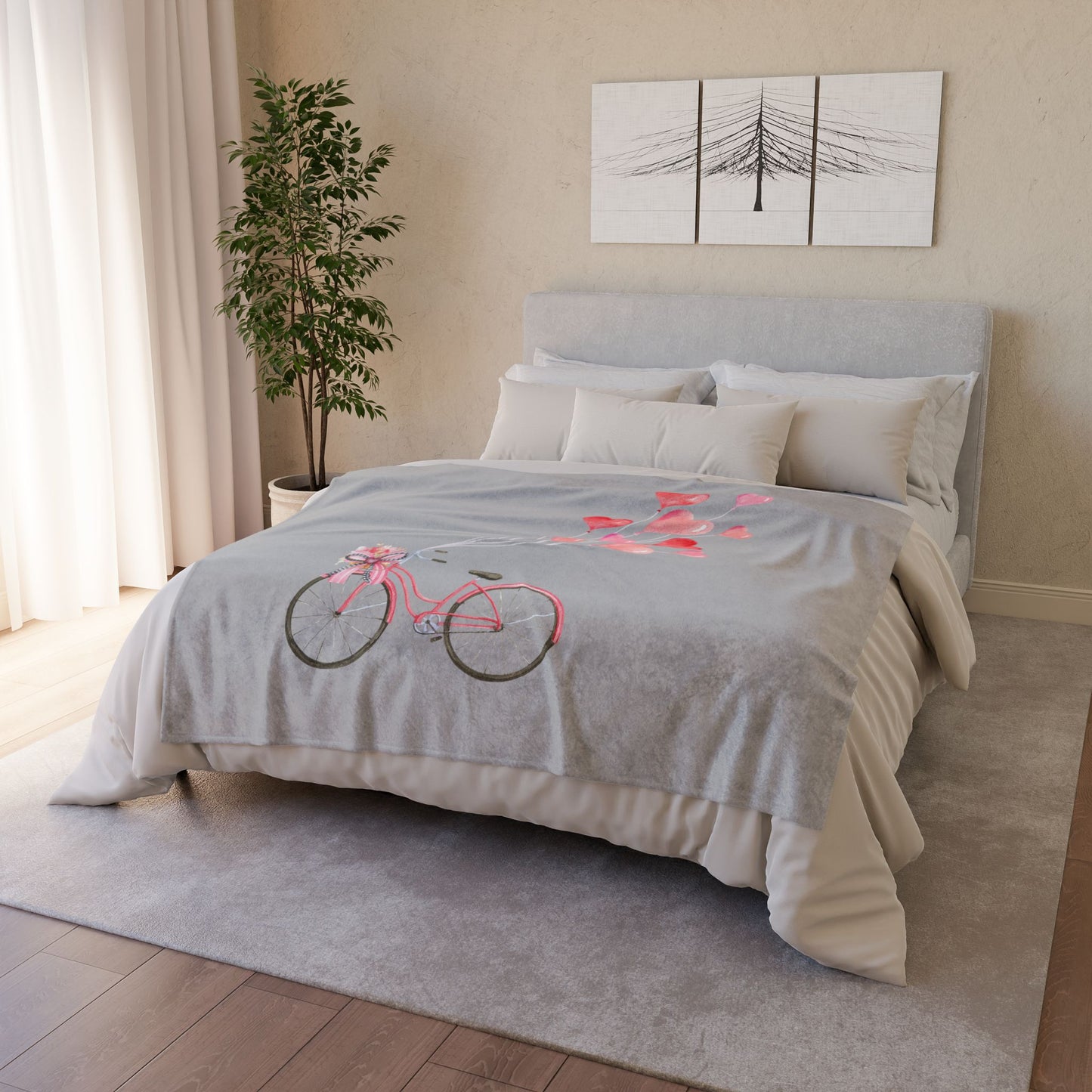 Plush Valentine’s Blanket with Vintage Coquette Bicycle Design & Heart Balloons