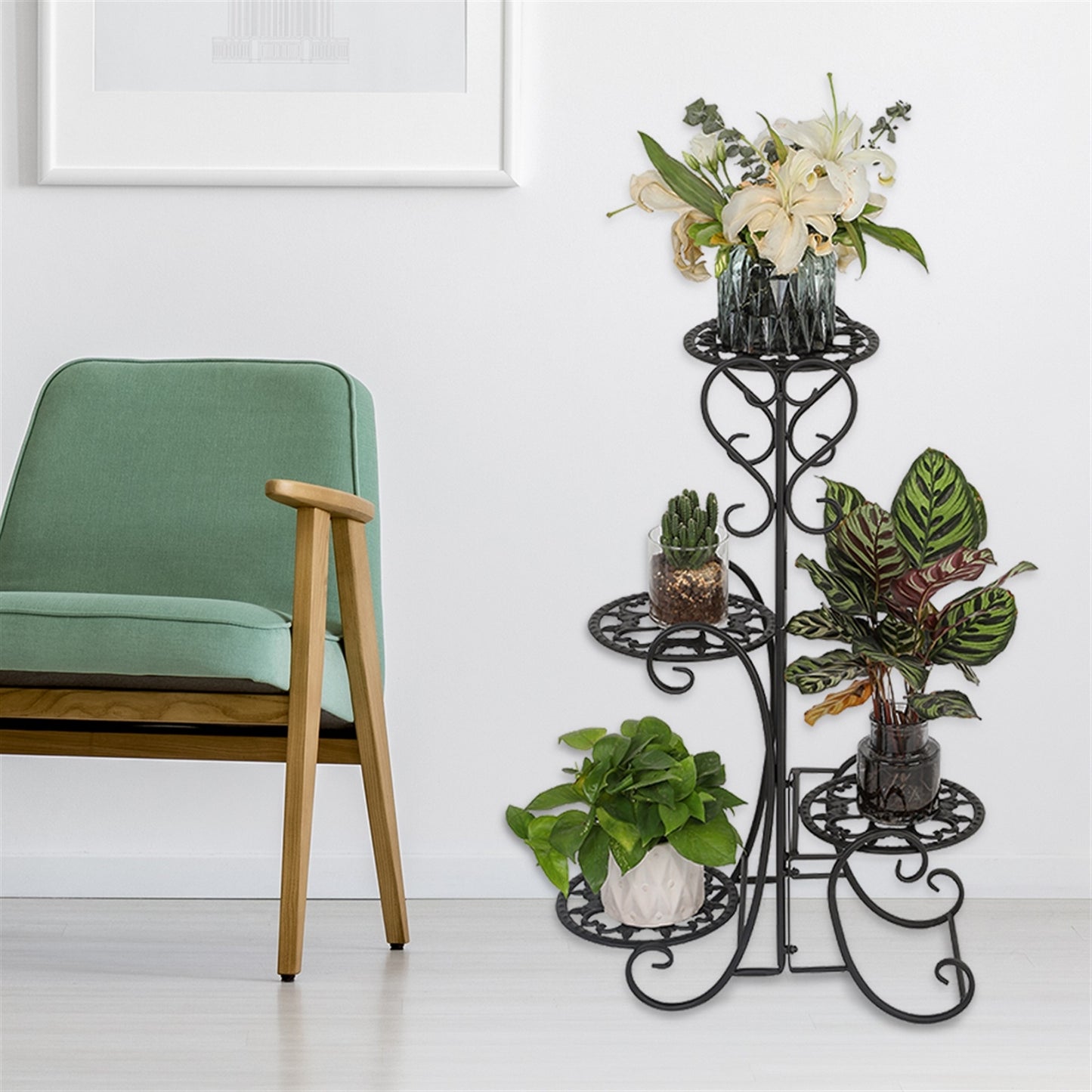 Round Potted Slot, Metal Plant Stand - Black