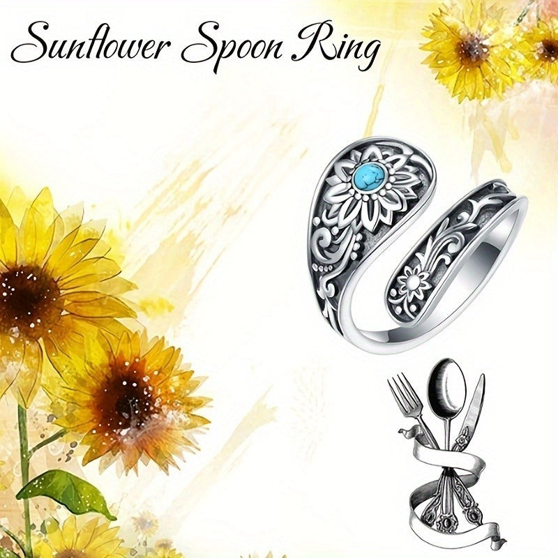 925 Silver Spoon Ring - Exquisitely Carved With Sunflowers, Embellished With Inlaid Turquoise. It Is An Eternal Wedding Jewelry, A Highlight Of Daily Outfits. With Superior Quality And Reusable Featur