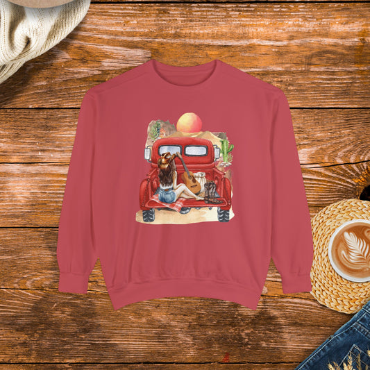 Desert Sunset Truck Girl Sweatshirt, watercolor design, country girl, old school country.