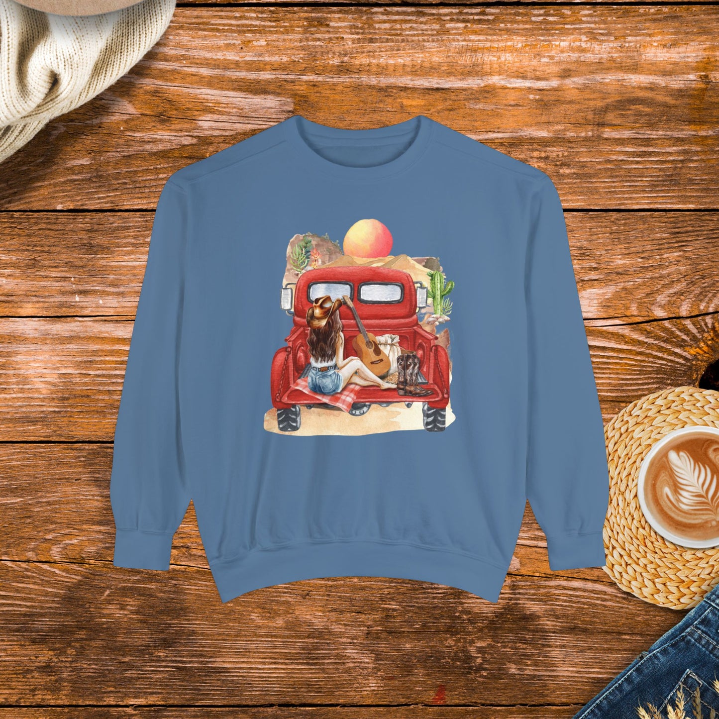 Desert Sunset Truck Girl Sweatshirt, watercolor design, country girl, old school country.