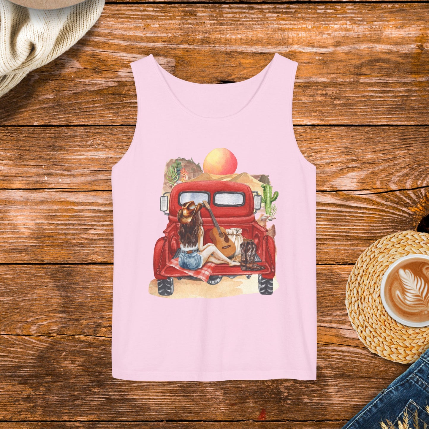 Desert Sunset Truck Girl Tank Top, Country girl, watercolor country, old school country.