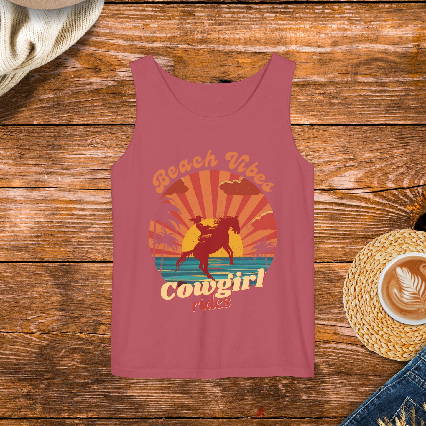 Sunset Beach Design Tank Top, Vintage style design, retro sunset, Beach Vibes and Cowgirl Rides.