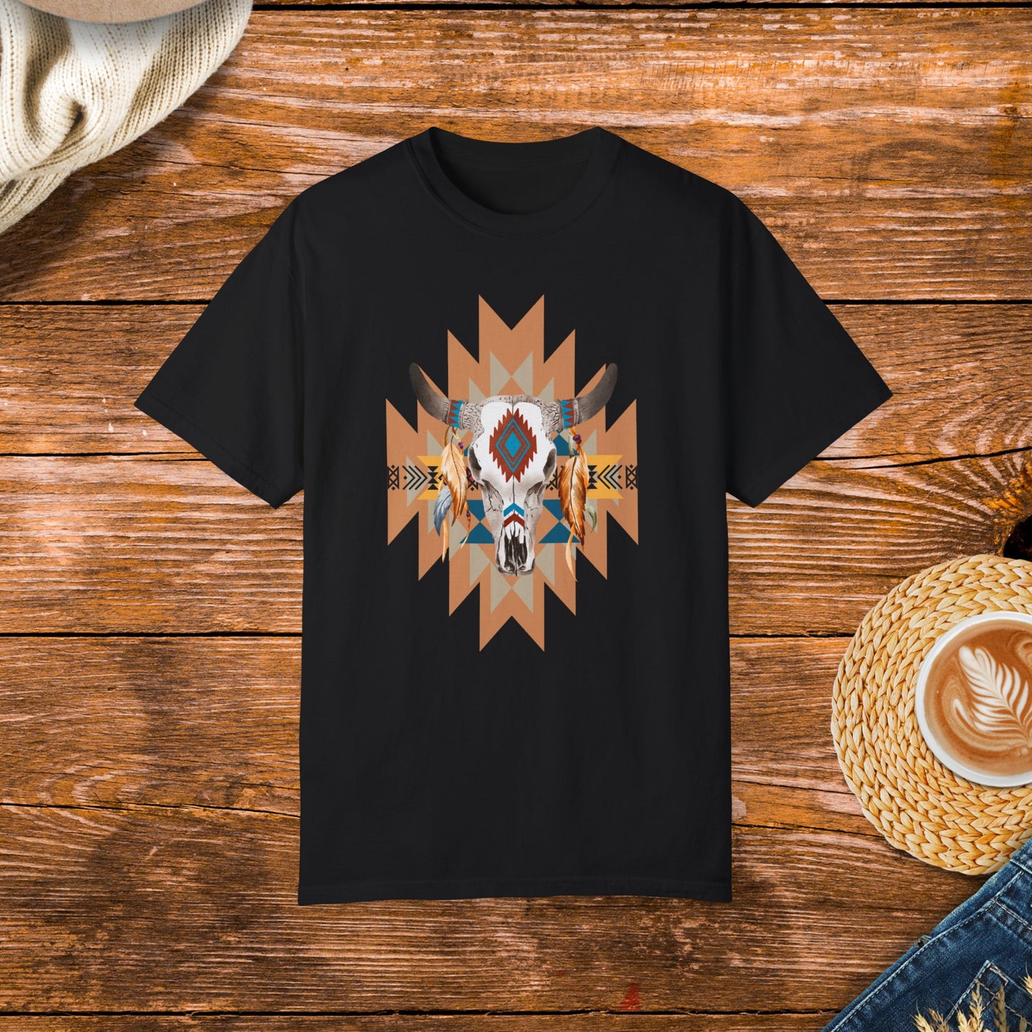 Native American style shirt, cow skull design, native patterns, rustic fashion, cultural apparel