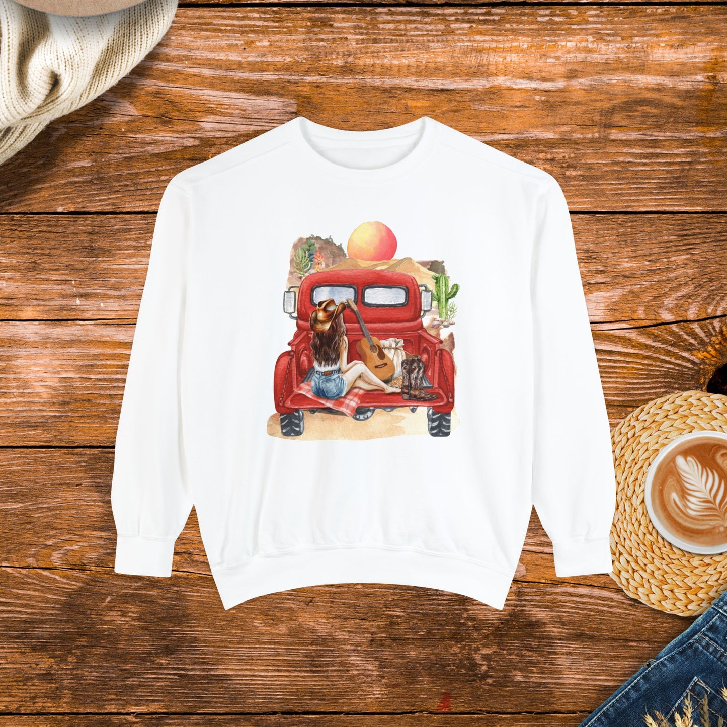 Desert Sunset Truck Girl Sweatshirt, watercolor design, country girl, old school country.