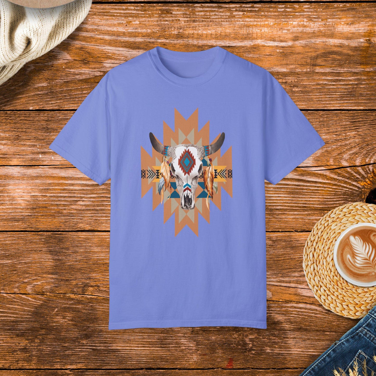 Native American style shirt, cow skull design, native patterns, rustic fashion, cultural apparel