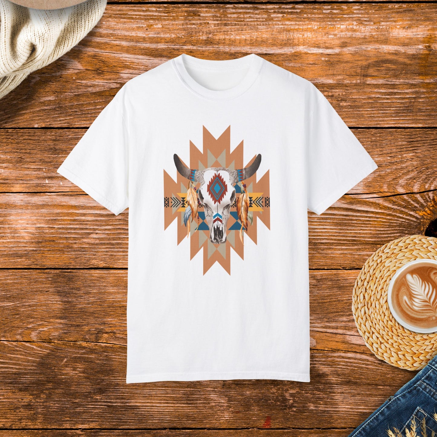 Native American style shirt, cow skull design, native patterns, rustic fashion, cultural apparel