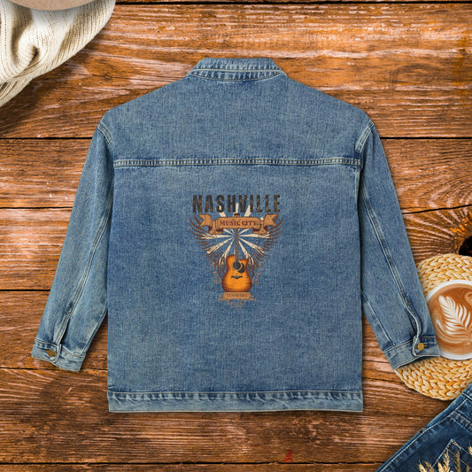 Nashville Music City vintage style jean jacket, Distressed Guitar Wings Graphic, Country Concert Jean Jacket.