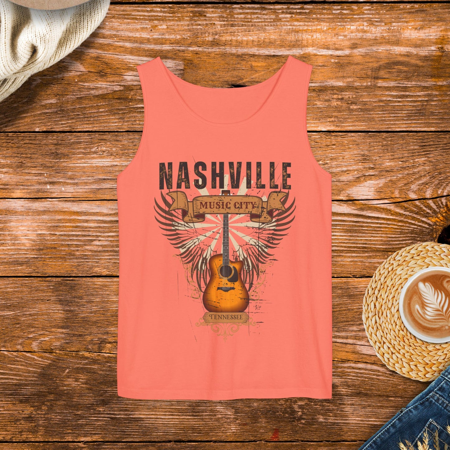 Distressed Guitar Wings Graphic, Vintage style Country Music Tank Top, Nashville Tennessee music city tank top.