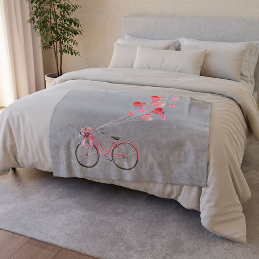 Plush Valentine’s Blanket with Vintage Coquette Bicycle Design & Heart Balloons