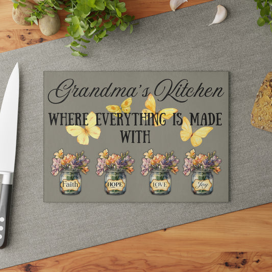 Grandma’s Kitchen Glass Cutting Board – Faith, Hope, Love & Joy Floral Design | Butterfly & Mason Jar Art | 8x11 or 11x15 Sizes