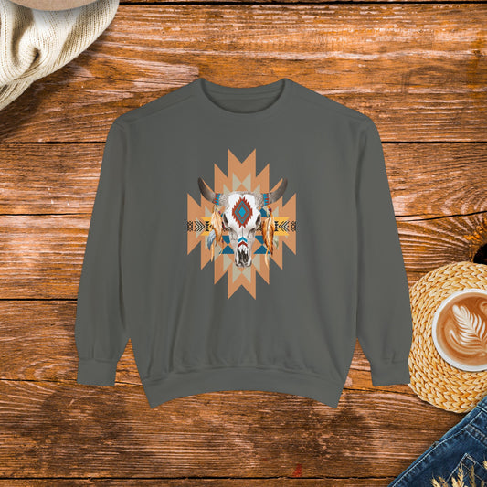 Native American Western Style Sweatshirt, Bull Skull Sweatshirt, western style sweatshirt, Unisex Garment-Dyed Sweatshirt