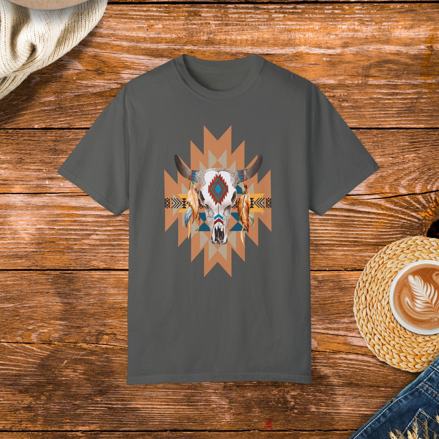 Native American style shirt, cow skull design, native patterns, rustic fashion, cultural apparel