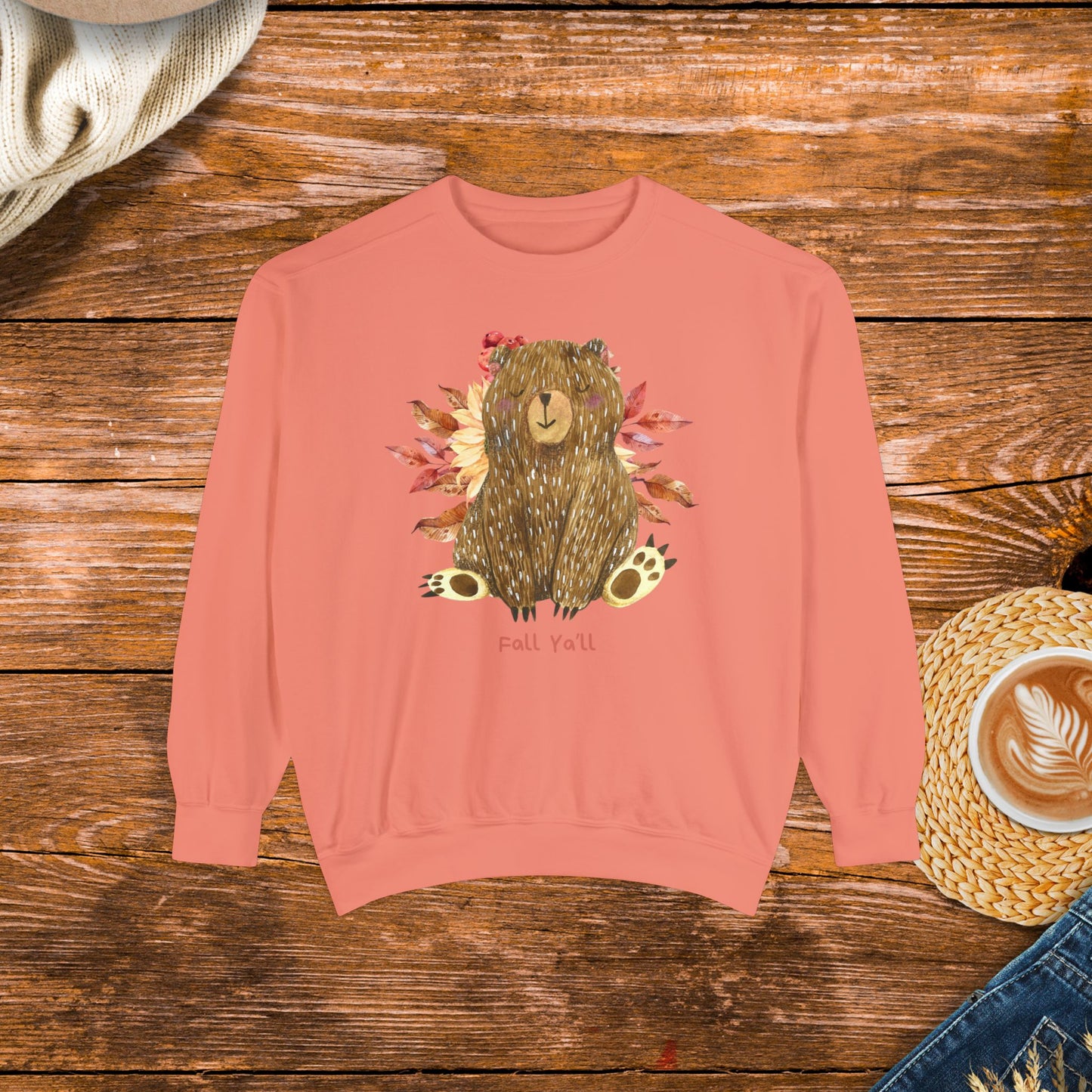 Cozy vibes with this cute bear and fall ya'll, Unisex Garment-Dyed Sweatshirt