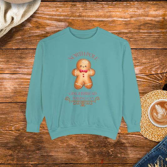 North Pole Gingerbread Co. Sweatshirt with Cute Gingerbread Cookie, Holiday baking sweatshirt, Gingerbread-themed apparel.