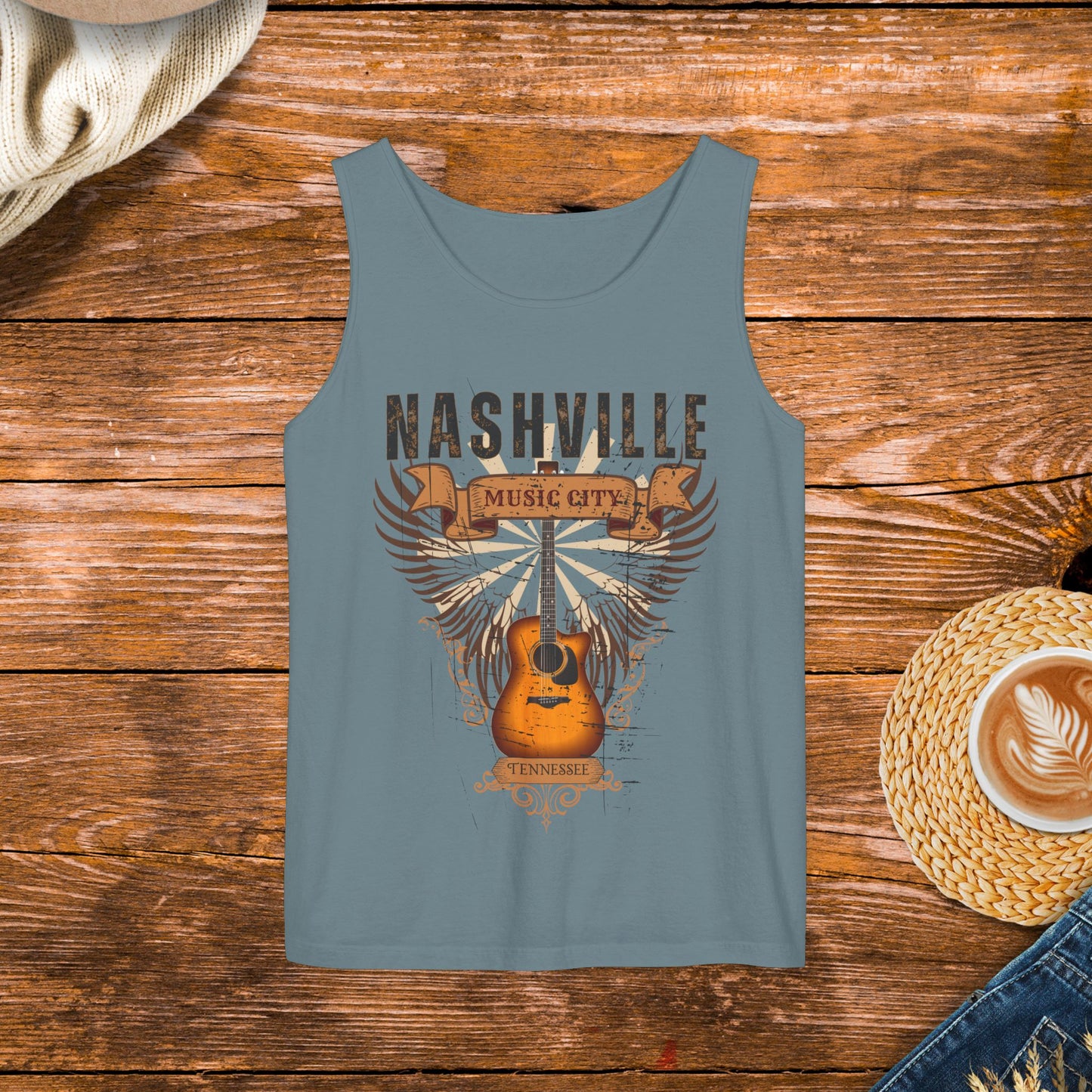 Distressed Guitar Wings Graphic, Vintage style Country Music Tank Top, Nashville Tennessee music city tank top.