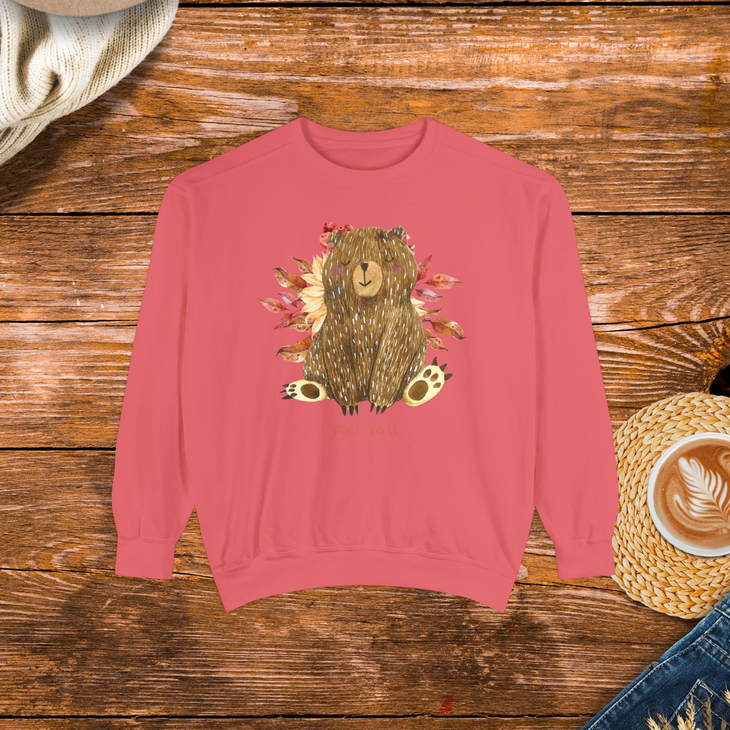 Cozy vibes with this cute bear and fall ya'll, Unisex Garment-Dyed Sweatshirt