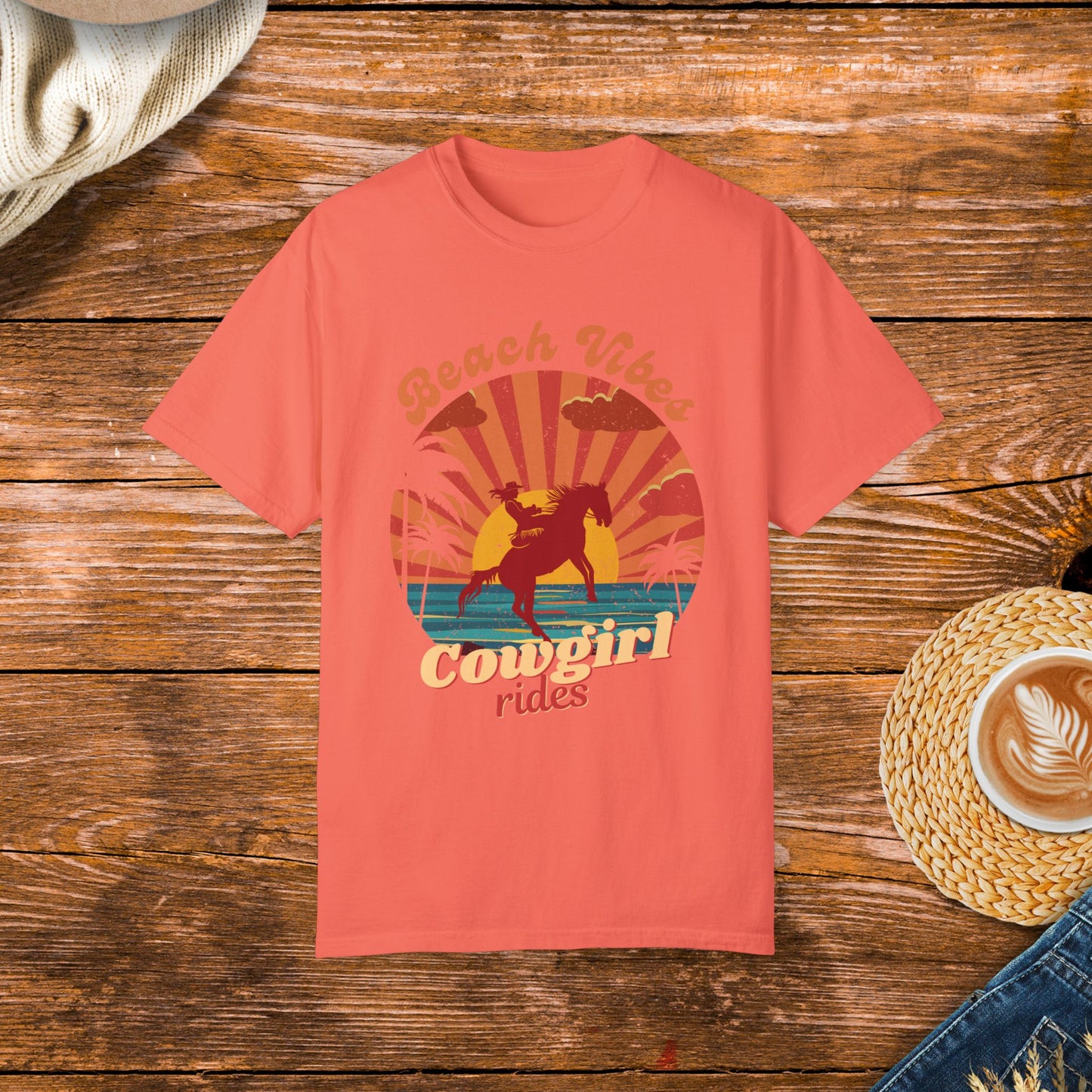 Vintage style beach and country life design. Retro sunset with cowgirl riding horse, beach vibes and cowgirl rides.