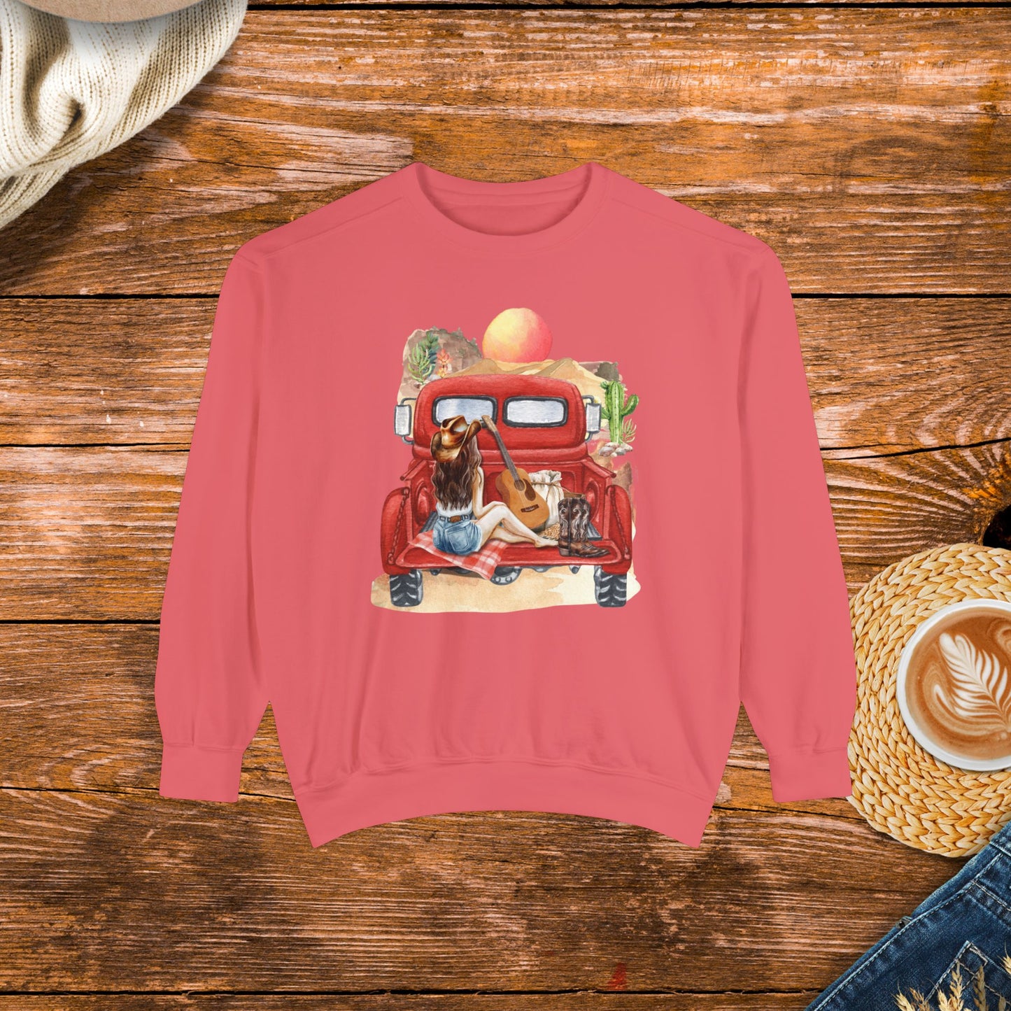 Desert Sunset Truck Girl Sweatshirt, watercolor design, country girl, old school country.