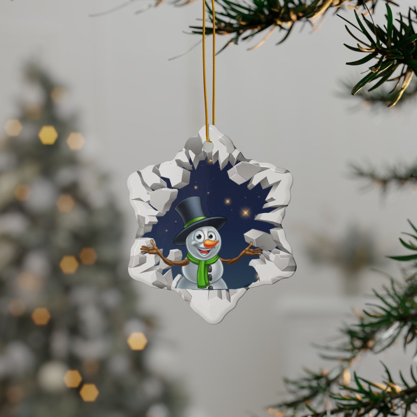 Cute Cartoon Snowman Breaking Through Ice Ceramic Ornament, Ceramic Ornaments, 2-Side Print, (1pc, 3pcs, 5pcs, 10pcs)