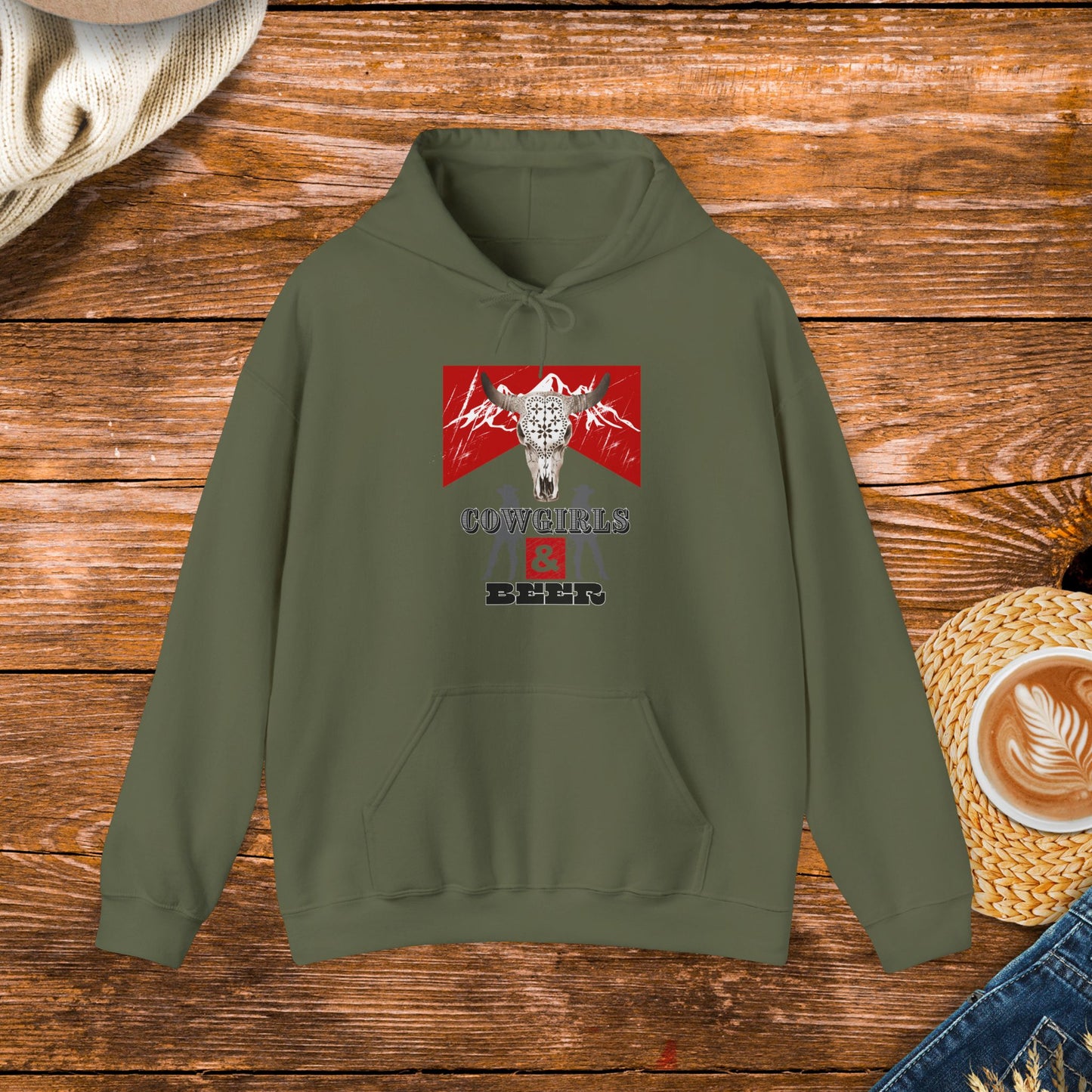 Cowgirls and beer Sweatshirt, this distressed country design has a bull skull and cowgirls on it, gift for him, country music, Tennessee, country life