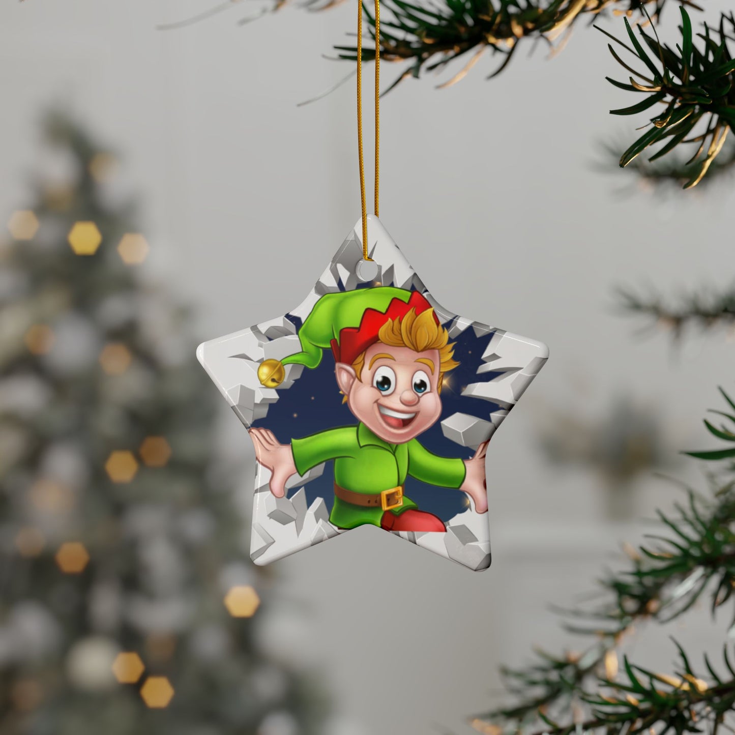 Cute Cartoon Elf Breaking Through Ice Ceramic Ornament, Ceramic Ornaments, 2-Side Print, (1pc, 3pcs, 5pcs, 10pcs)