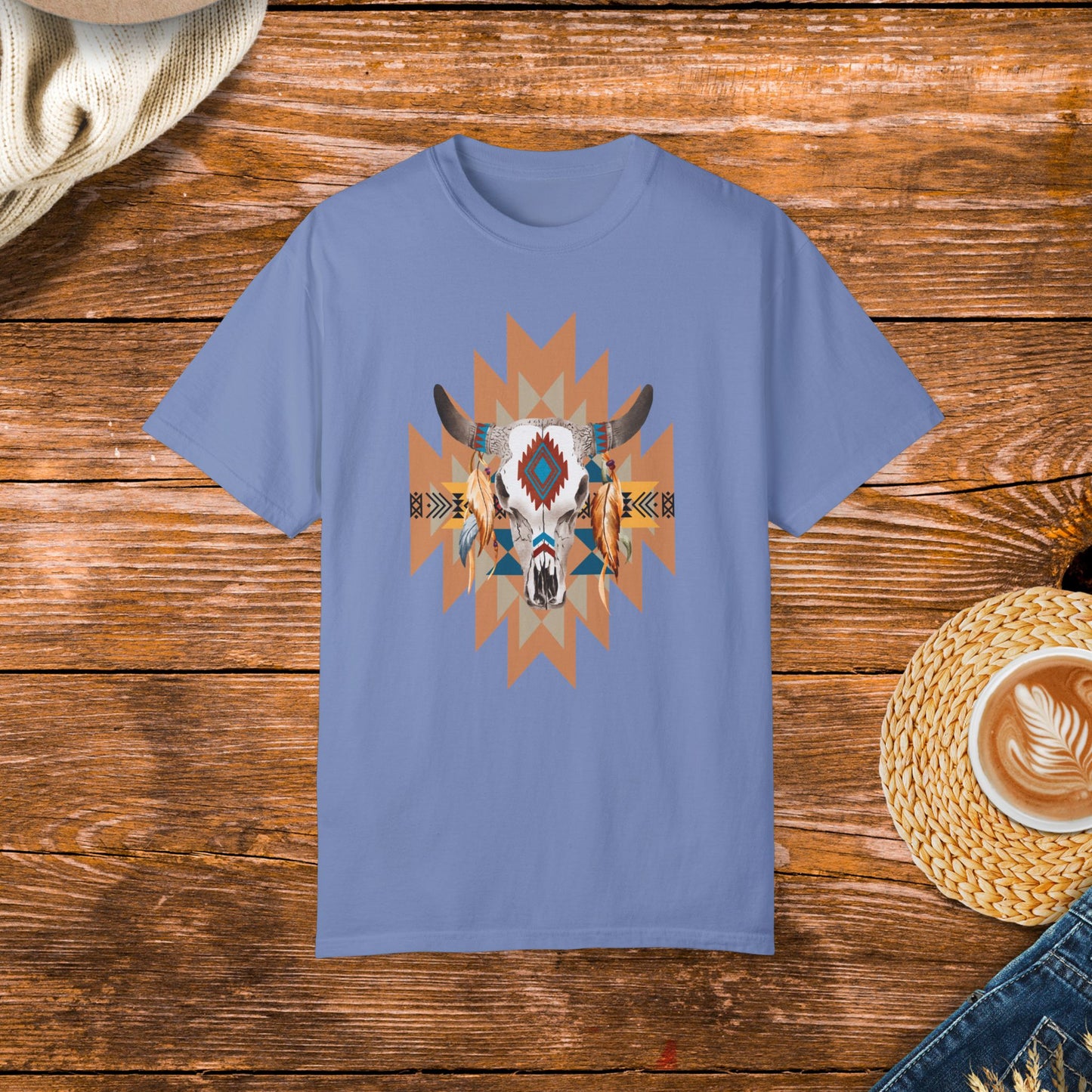 Native American style shirt, cow skull design, native patterns, rustic fashion, cultural apparel