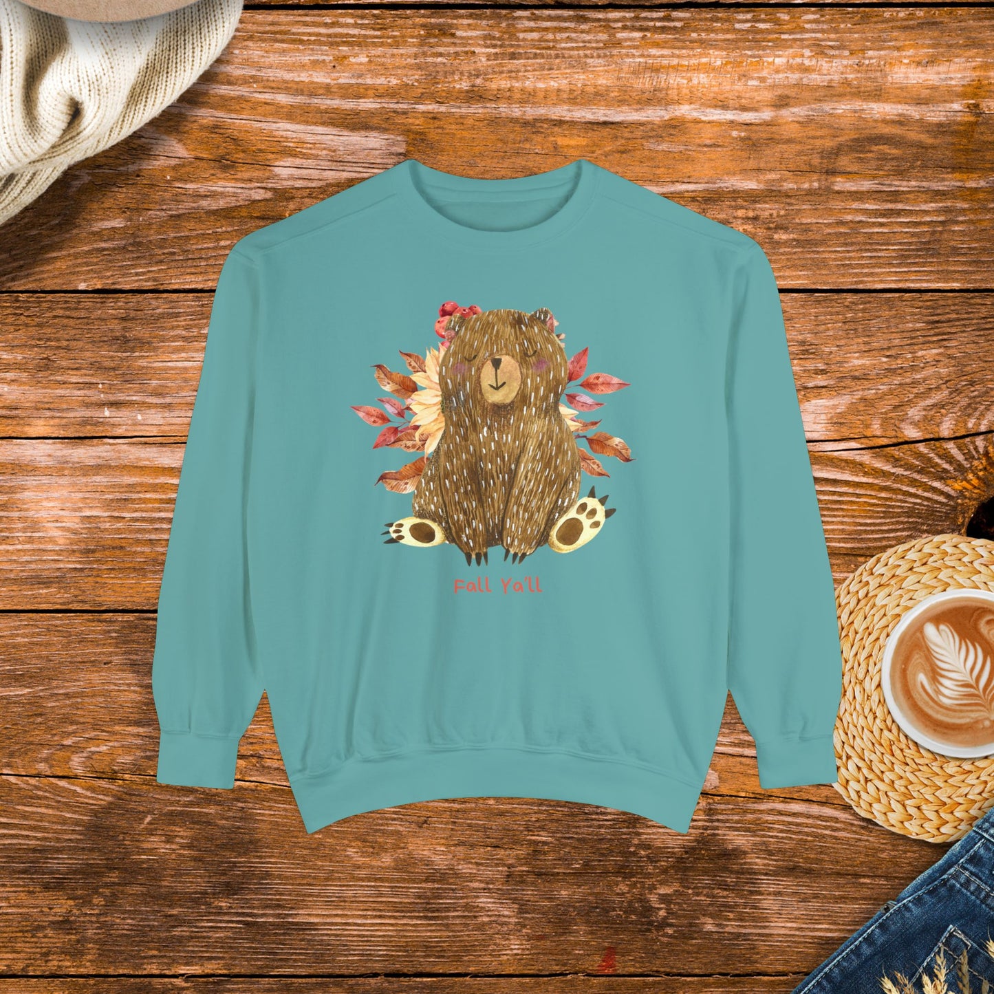 Cozy vibes with this cute bear and fall ya'll, Unisex Garment-Dyed Sweatshirt