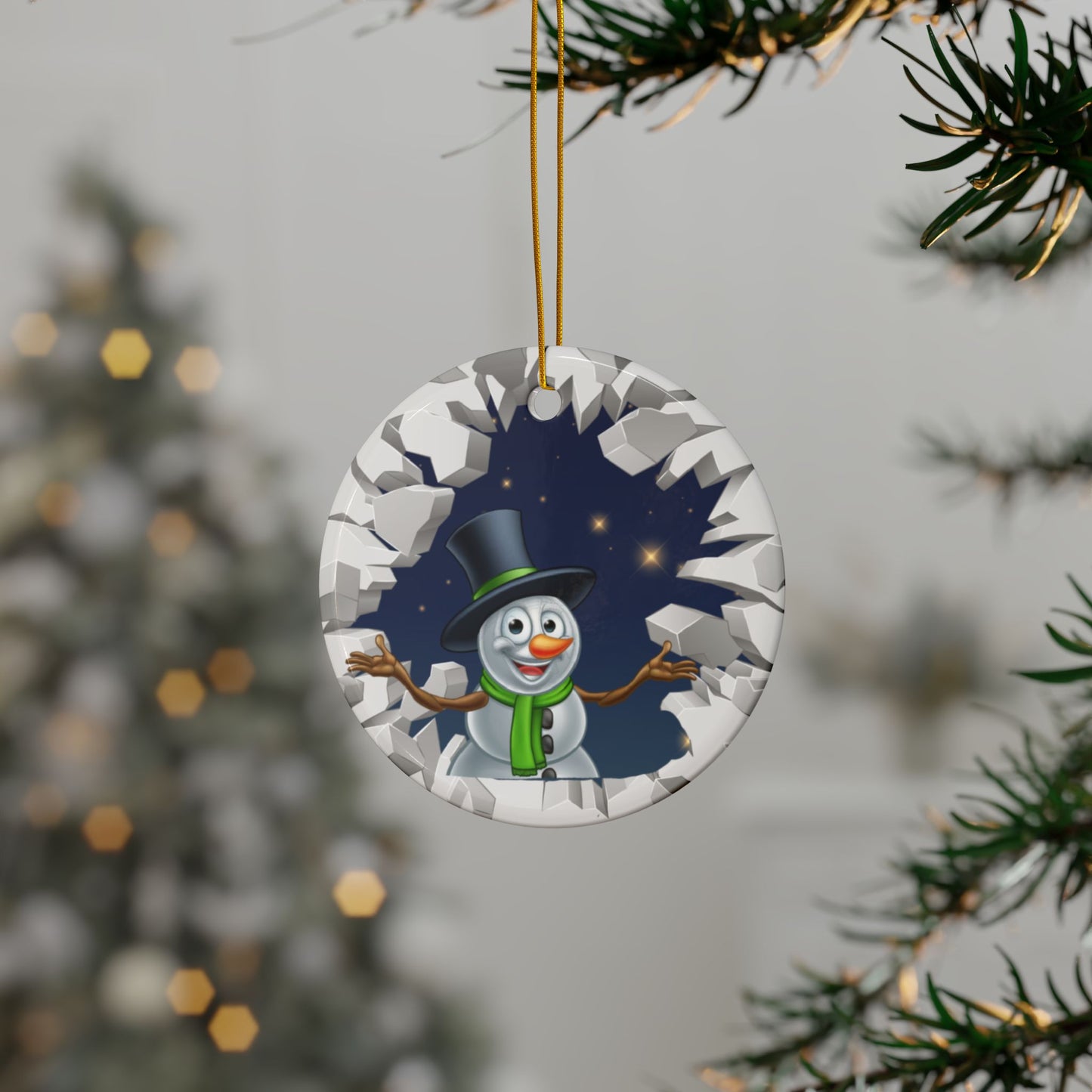 Cute Cartoon Snowman Breaking Through Ice Ceramic Ornament, Ceramic Ornaments, 2-Side Print, (1pc, 3pcs, 5pcs, 10pcs)