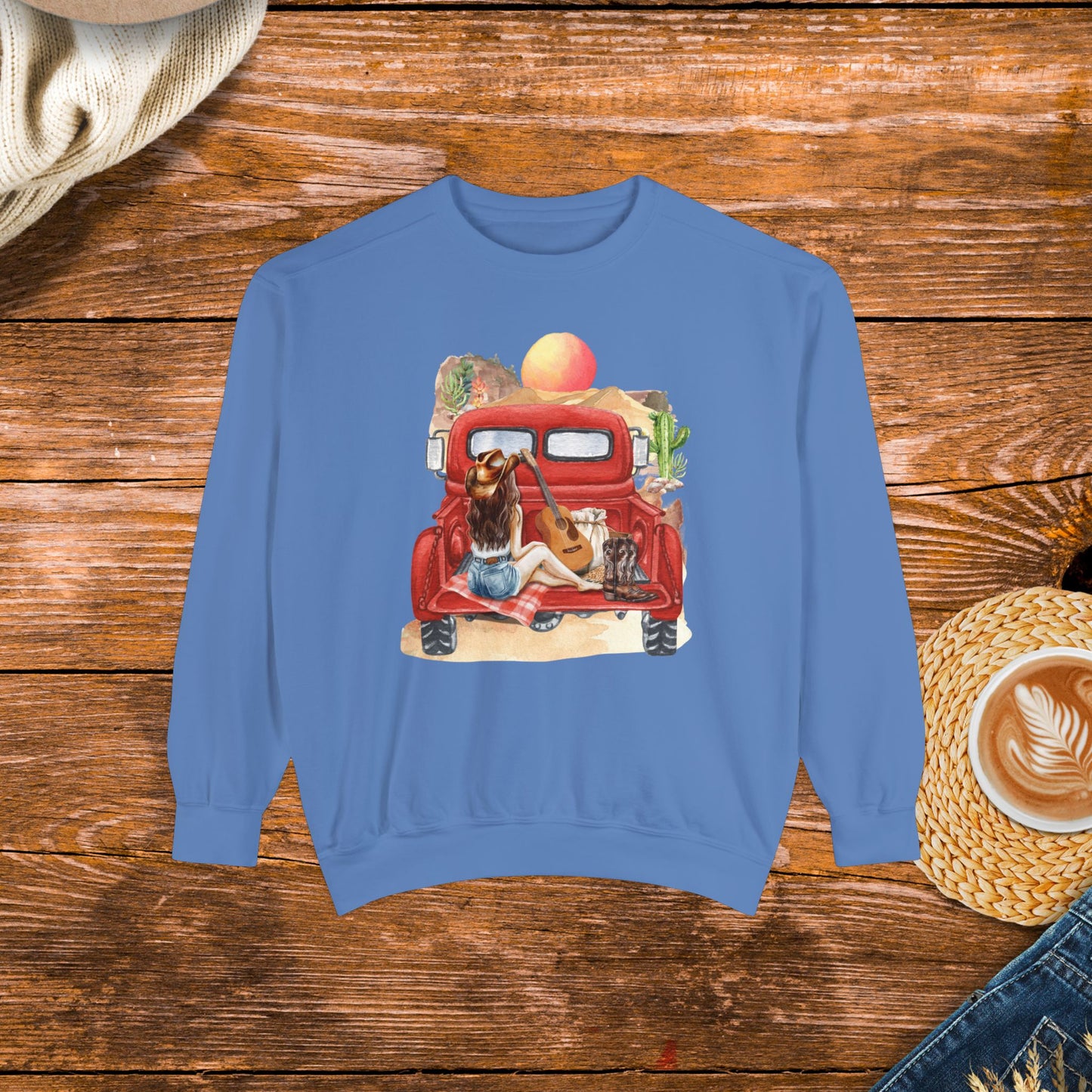 Desert Sunset Truck Girl Sweatshirt, watercolor design, country girl, old school country.