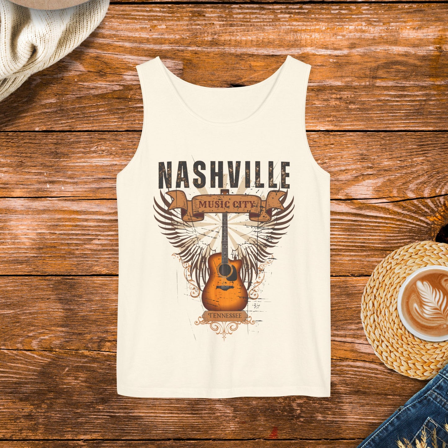 Distressed Guitar Wings Graphic, Vintage style Country Music Tank Top, Nashville Tennessee music city tank top.