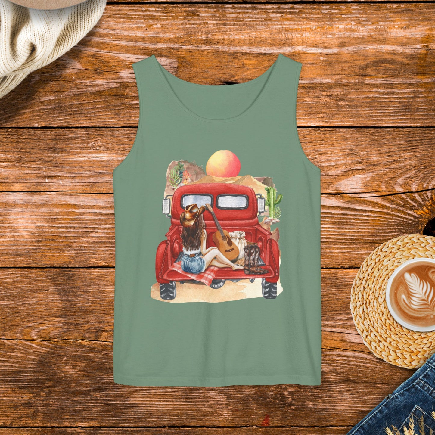 Desert Sunset Truck Girl Tank Top, Country girl, watercolor country, old school country.