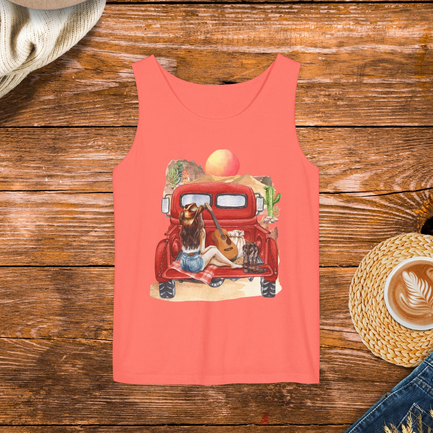 Desert Sunset Truck Girl Tank Top, Country girl, watercolor country, old school country.