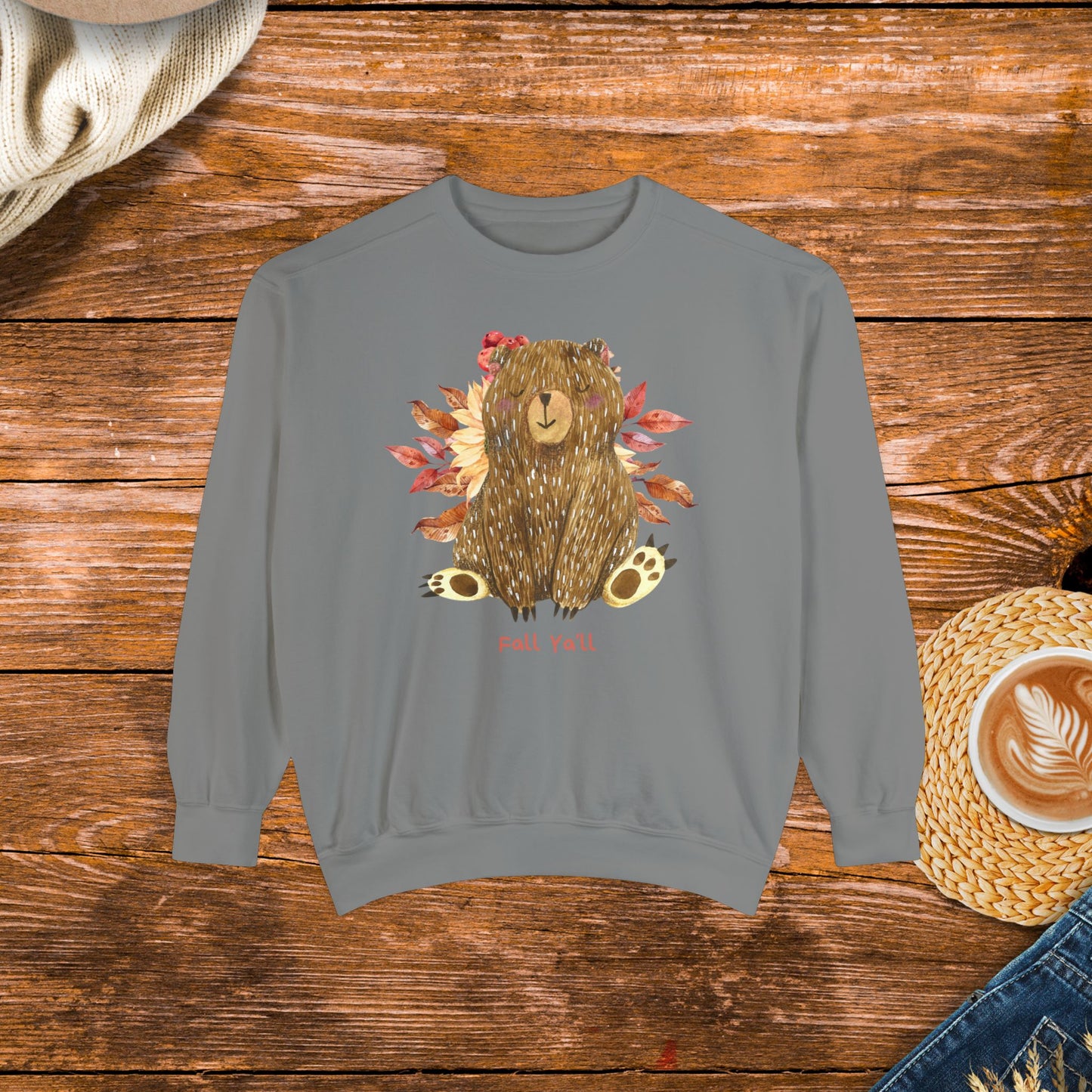 Cozy vibes with this cute bear and fall ya'll, Unisex Garment-Dyed Sweatshirt