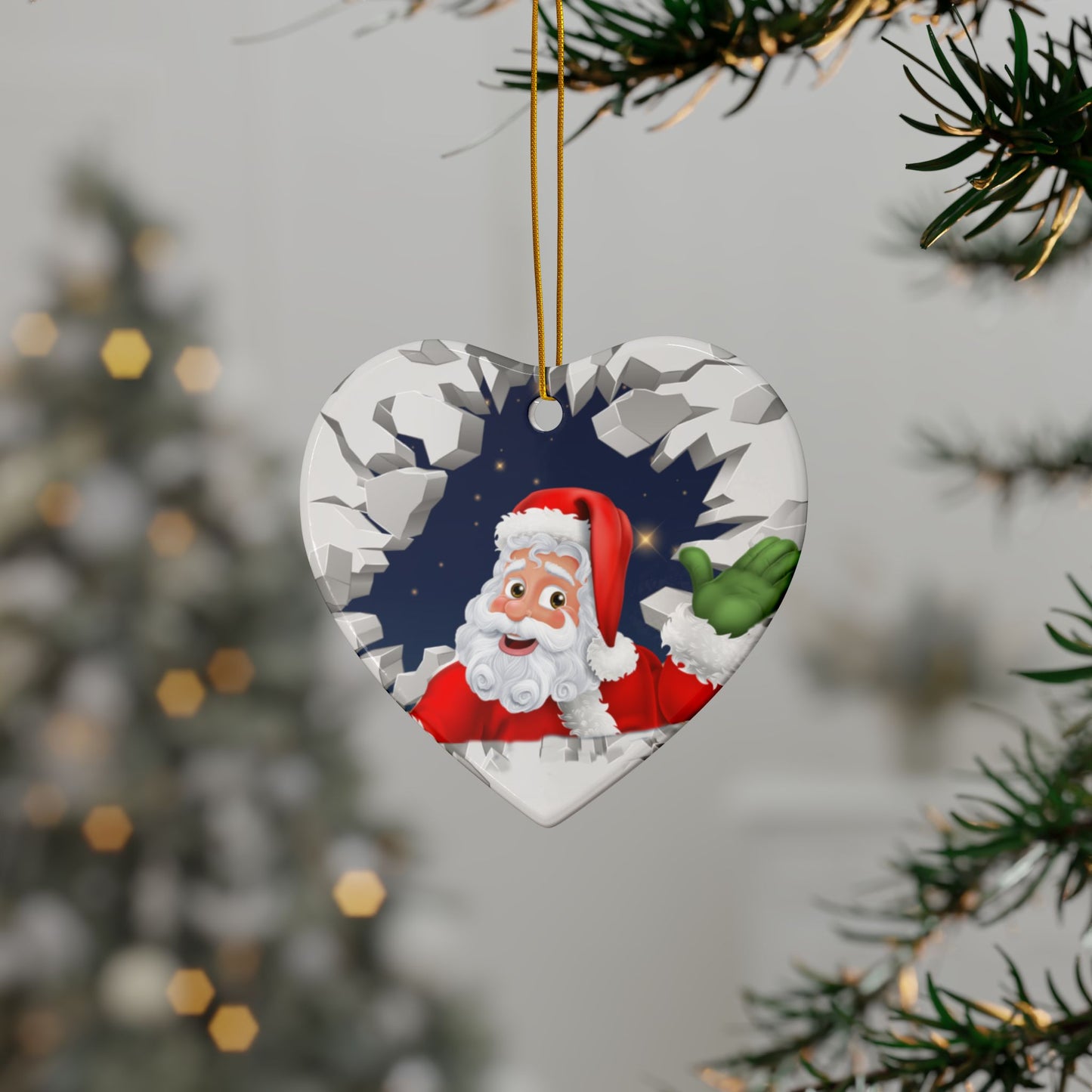 Cute Cartoon Santa Breaking Through Ice Ceramic Ornament, Ceramic Ornaments, 2-Side Print, (1pc, 3pcs, 5pcs, 10pcs)