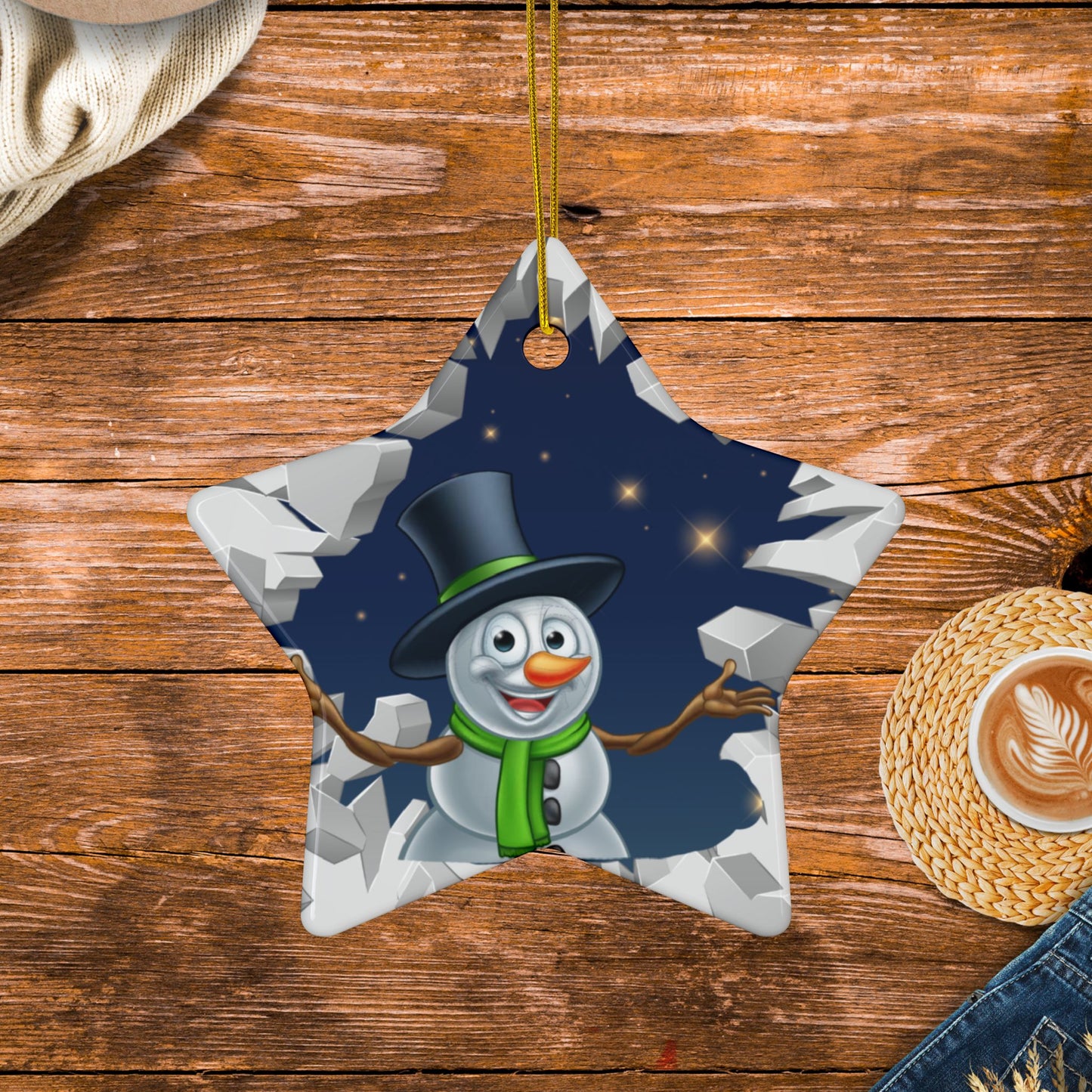 Cute Cartoon Snowman Breaking Through Ice Ceramic Ornament, Ceramic Ornaments, 2-Side Print, (1pc, 3pcs, 5pcs, 10pcs)